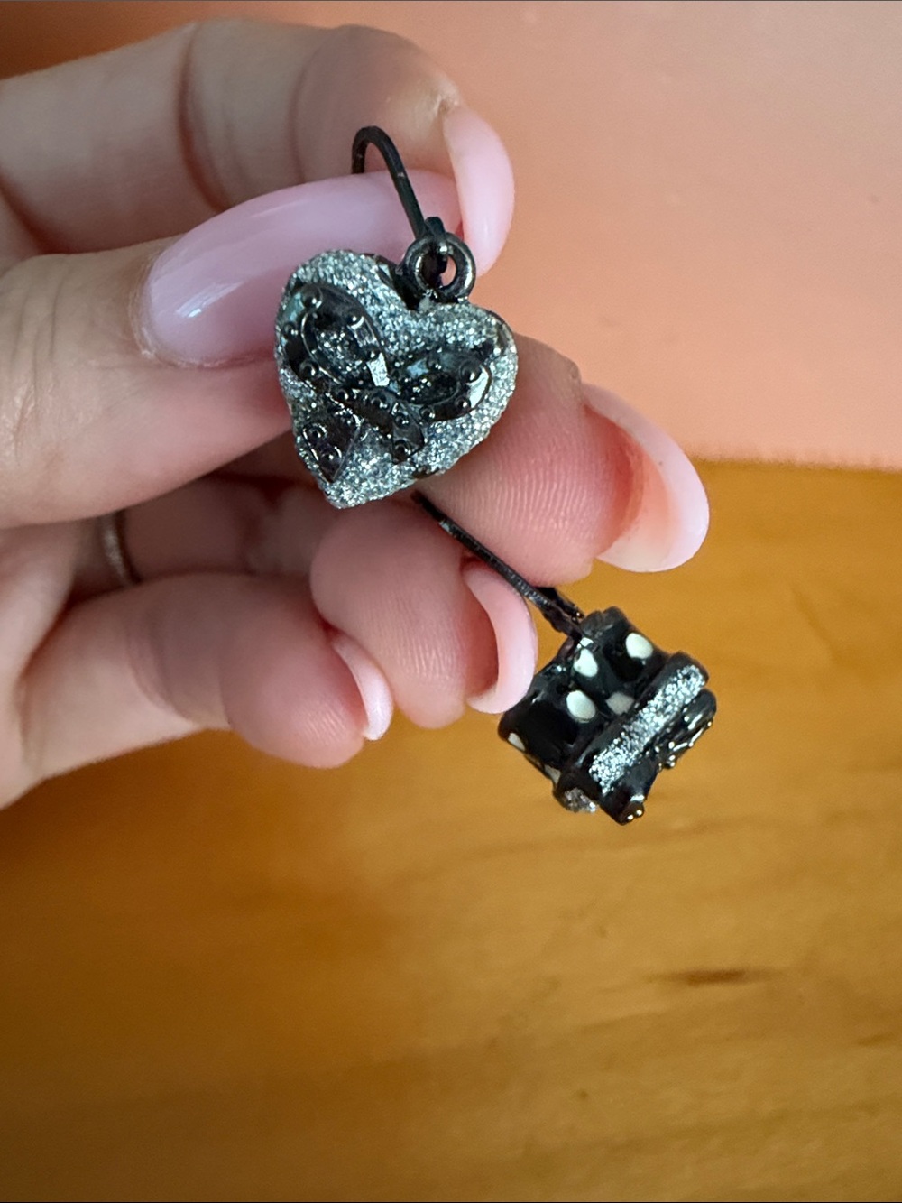 Betsy Johnson Heart Drop Dangle Earrings - Black and Silver Crystal Polka Dot - Picture 1 of 4